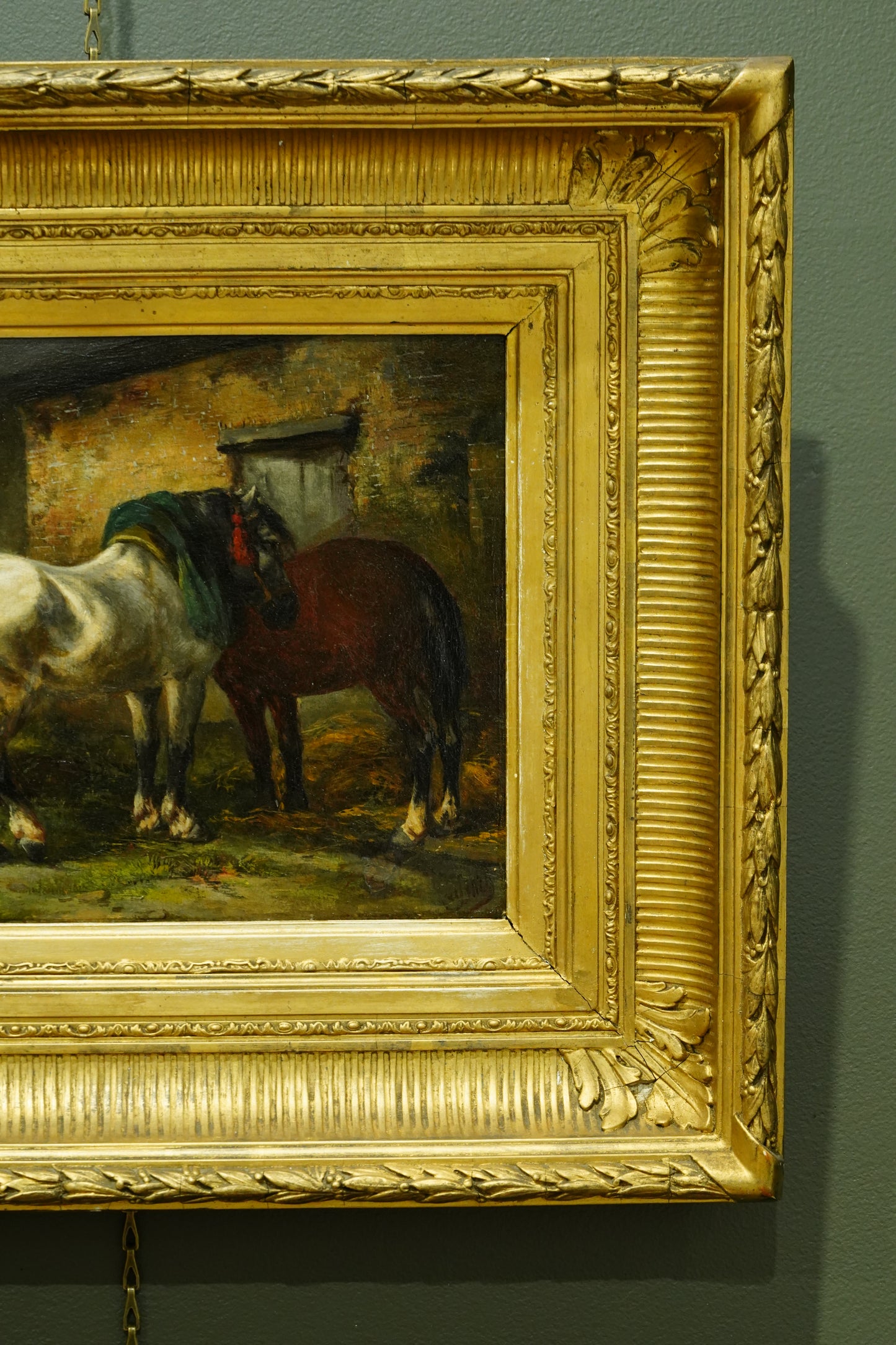 Antique Signed Oil on Board, Two Horses in a Stable Yard, Continental School