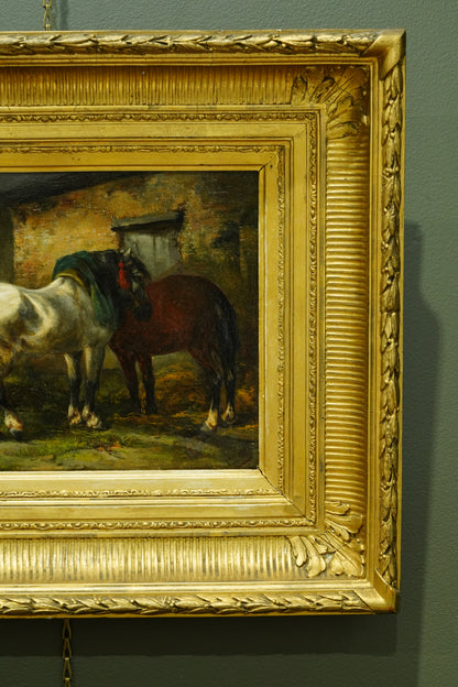 Antique Signed Oil on Board, Two Horses in a Stable Yard, Continental School
