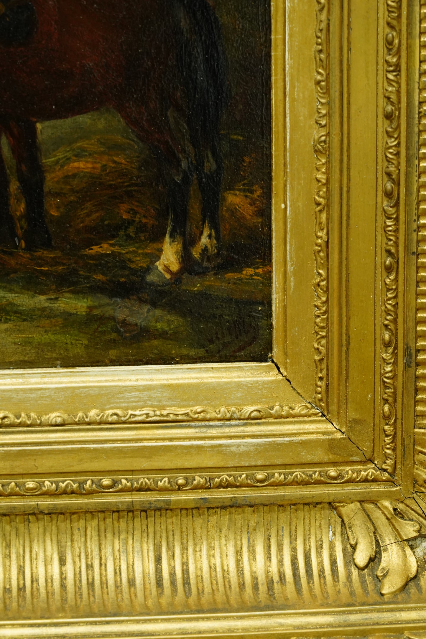 Antique Signed Oil on Board, Two Horses in a Stable Yard, Continental School