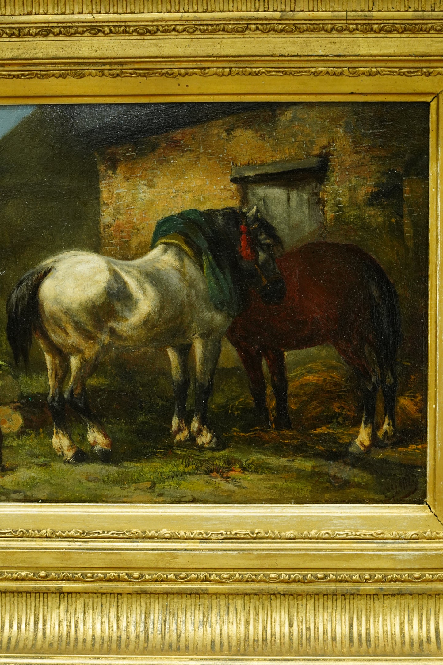 Antique Signed Oil on Board, Two Horses in a Stable Yard, Continental School