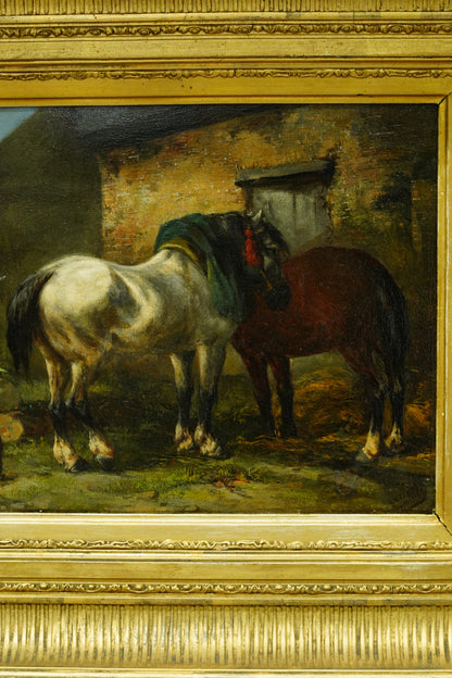 Antique Signed Oil on Board, Two Horses in a Stable Yard, Continental School