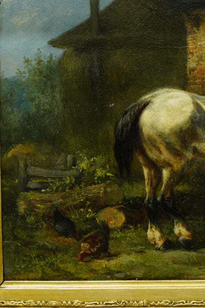 Antique Signed Oil on Board, Two Horses in a Stable Yard, Continental School