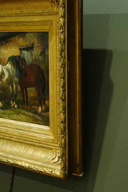 Antique Signed Oil on Board, Two Horses in a Stable Yard, Continental School
