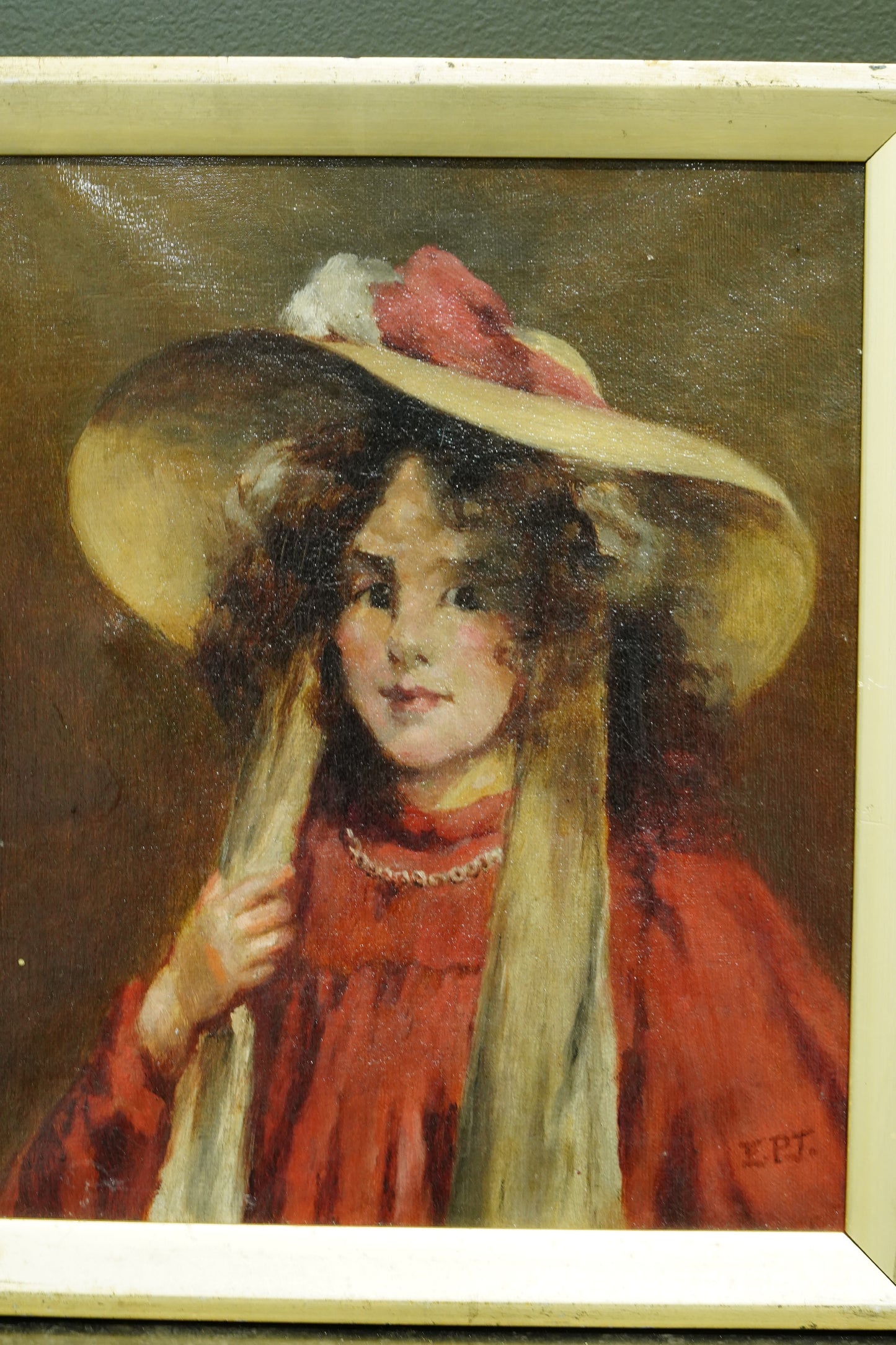 Antique English Portrait Oil Painting, Girl in Straw Hat, Monogrammed E.P.T.
