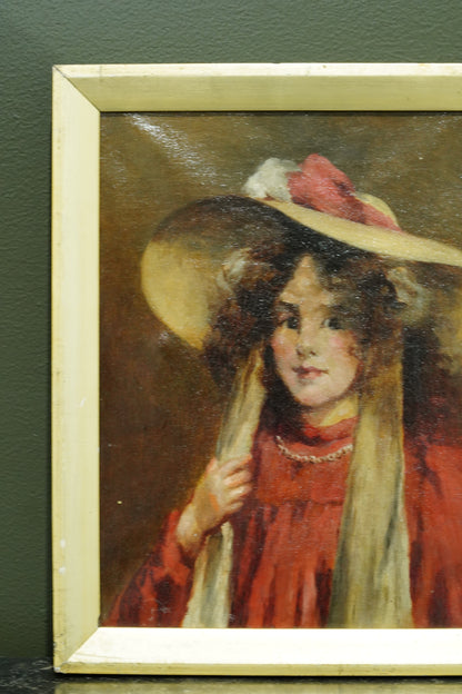 Antique English Portrait Oil Painting, Girl in Straw Hat, Monogrammed E.P.T.