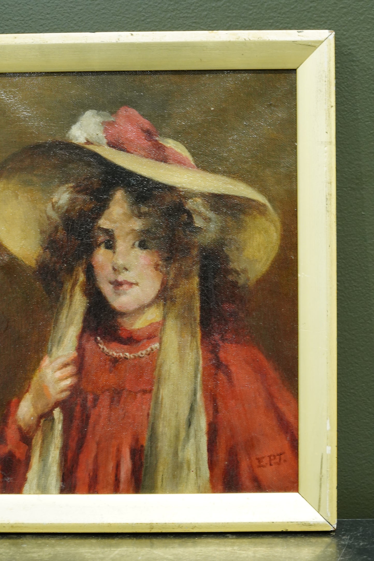 Antique English Portrait Oil Painting, Girl in Straw Hat, Monogrammed E.P.T.