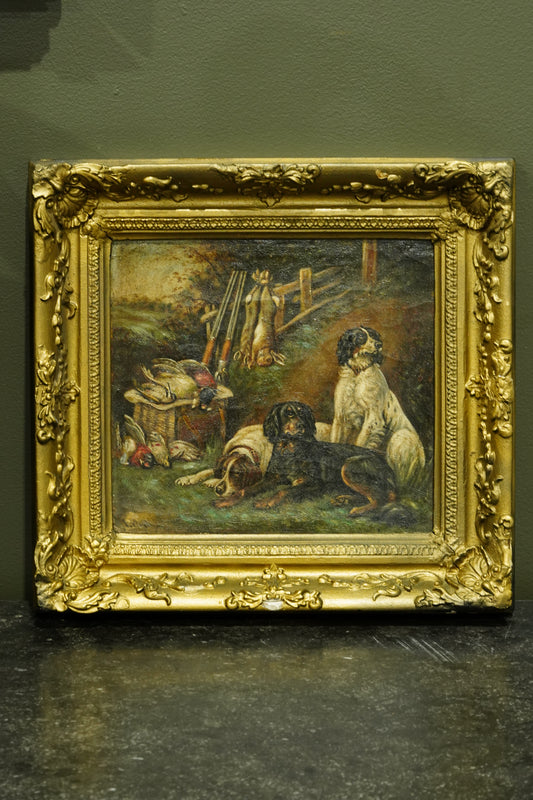 Antique Victorian Sporting Oil Painting, Gun Dogs with Game, Signed