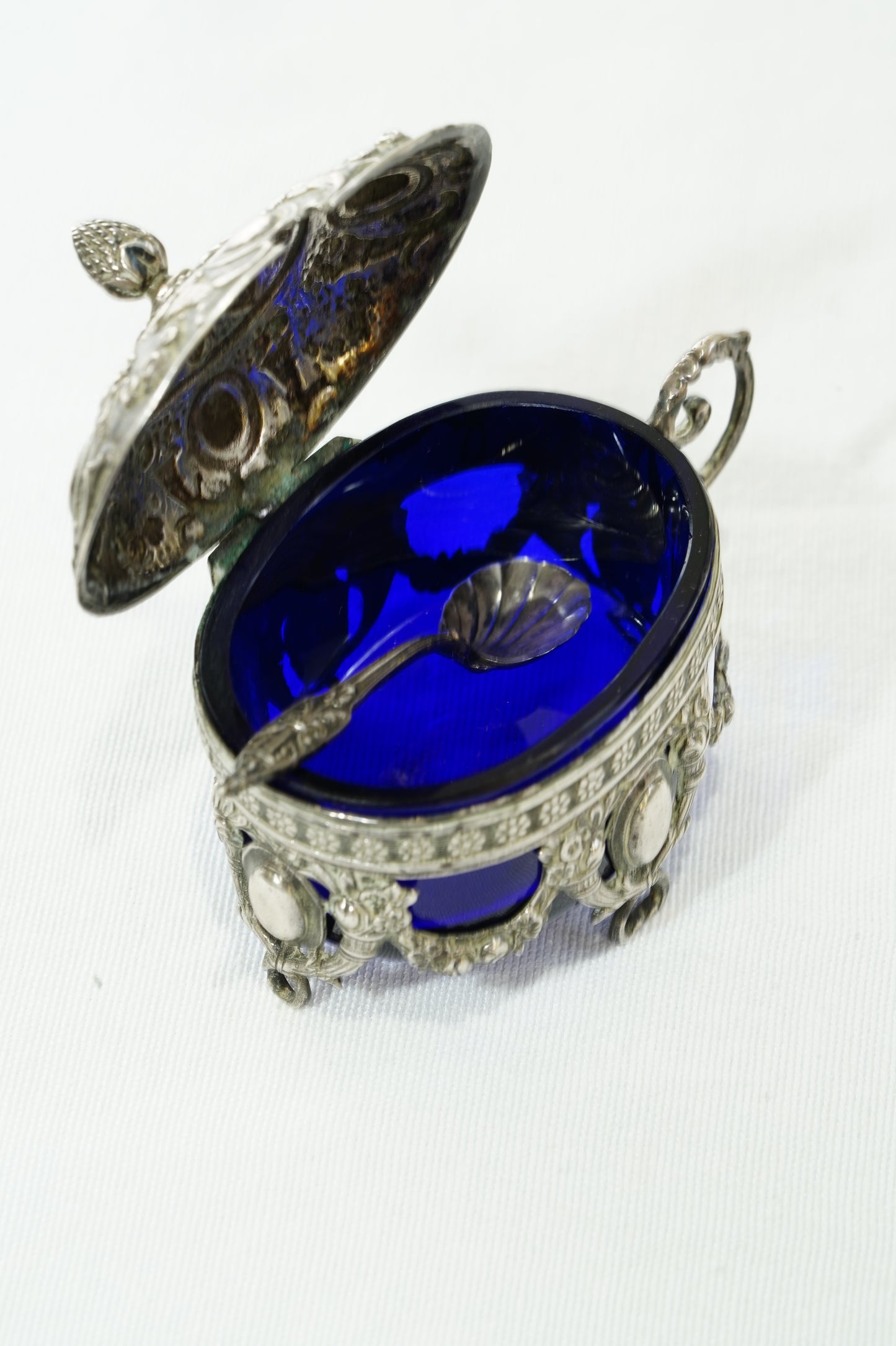 Antique German 800 Silver Salt Cellar Set with Cobalt Glass, Hanau
