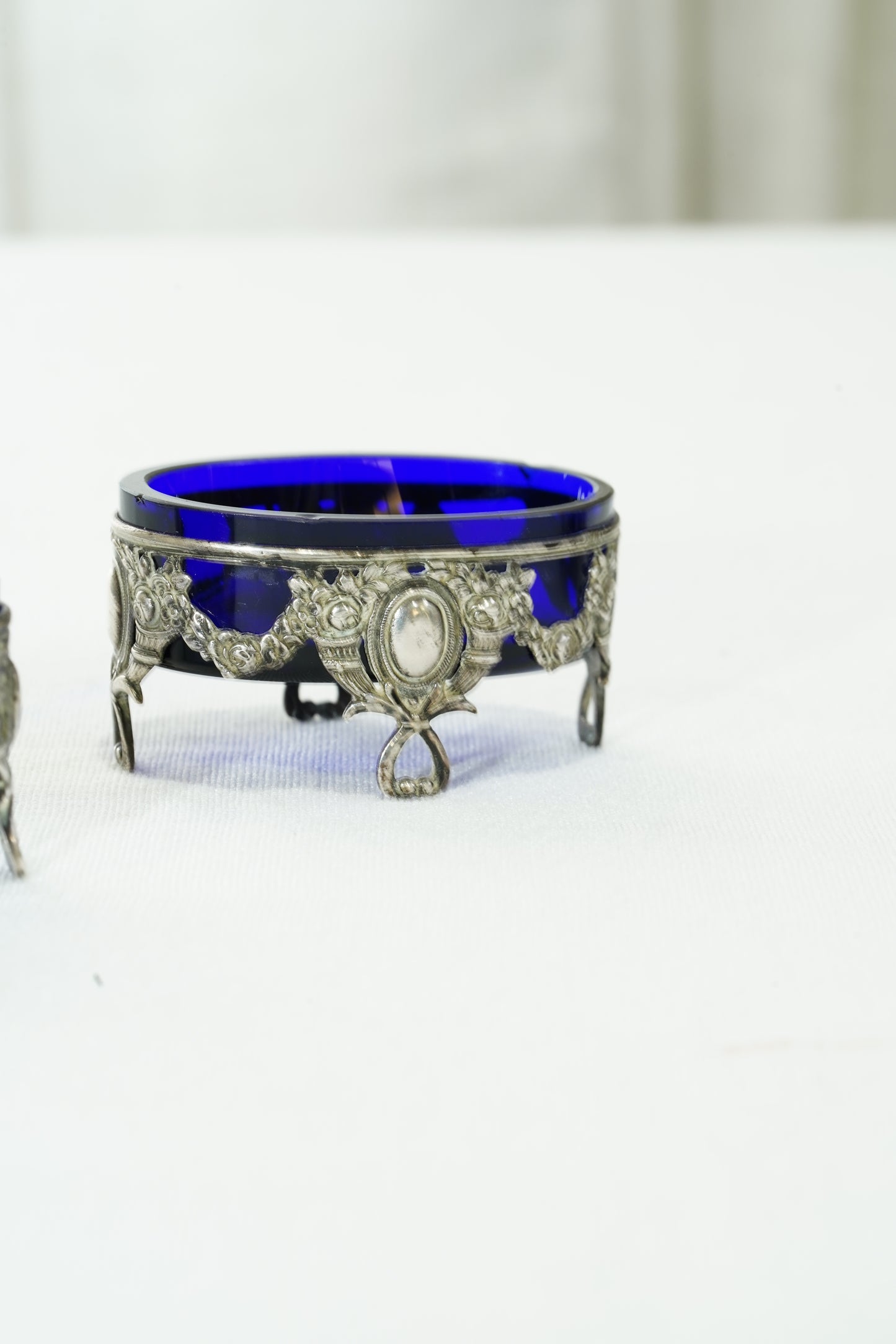 Antique German 800 Silver Salt Cellar Set with Cobalt Glass, Hanau