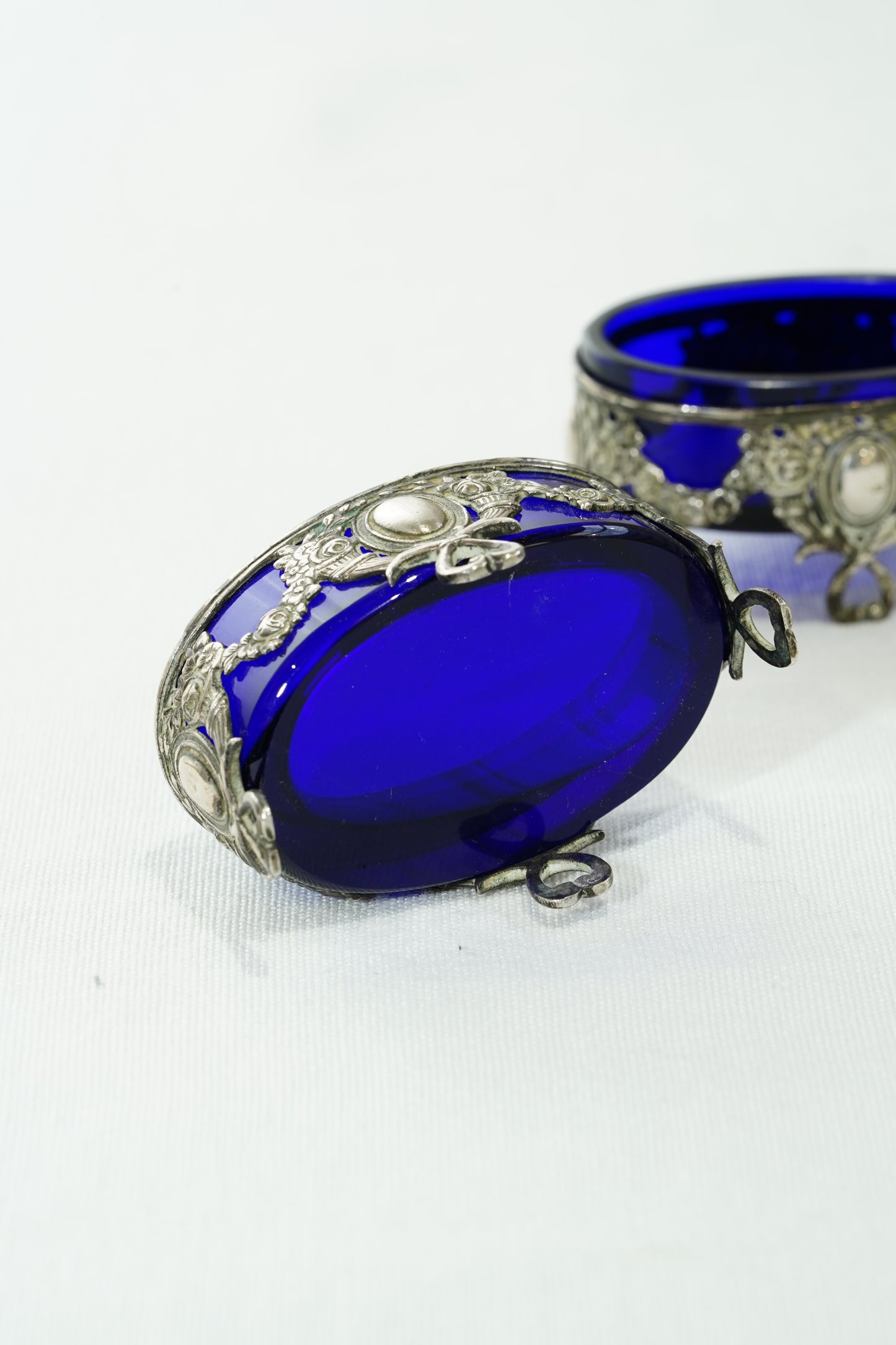 Antique German 800 Silver Salt Cellar Set with Cobalt Glass, Hanau