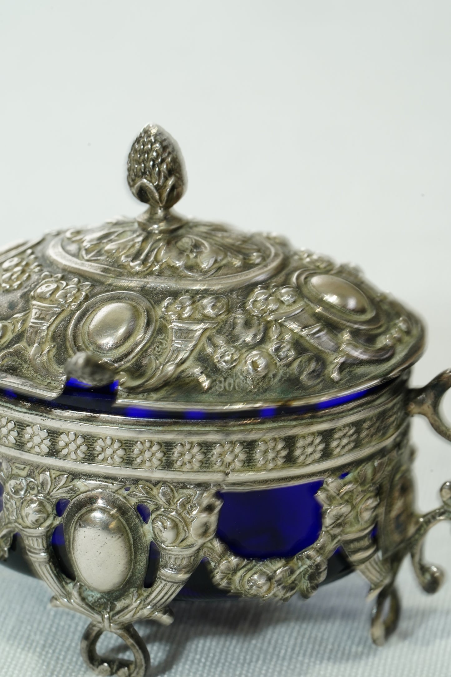 Antique German 800 Silver Salt Cellar Set with Cobalt Glass, Hanau