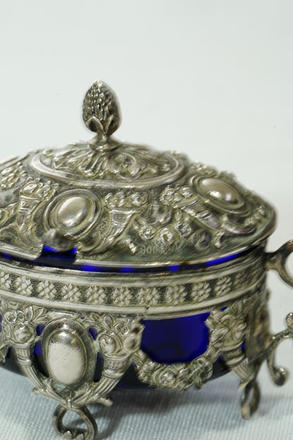 Antique German 800 Silver Salt Cellar Set with Cobalt Glass, Hanau