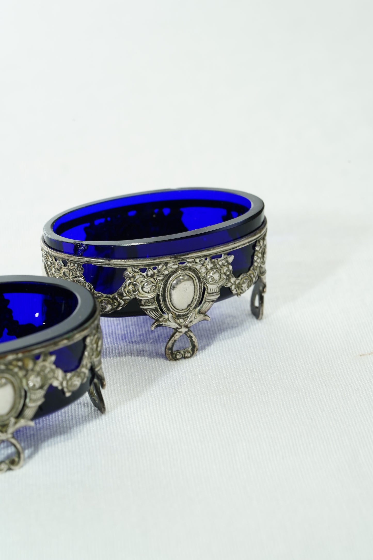 Antique German 800 Silver Salt Cellar Set with Cobalt Glass, Hanau
