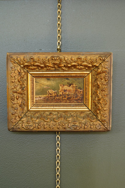 Antique Flemish Oil Panel, Coastal Ruin Landscape with Figures, Signed and Dated 1876