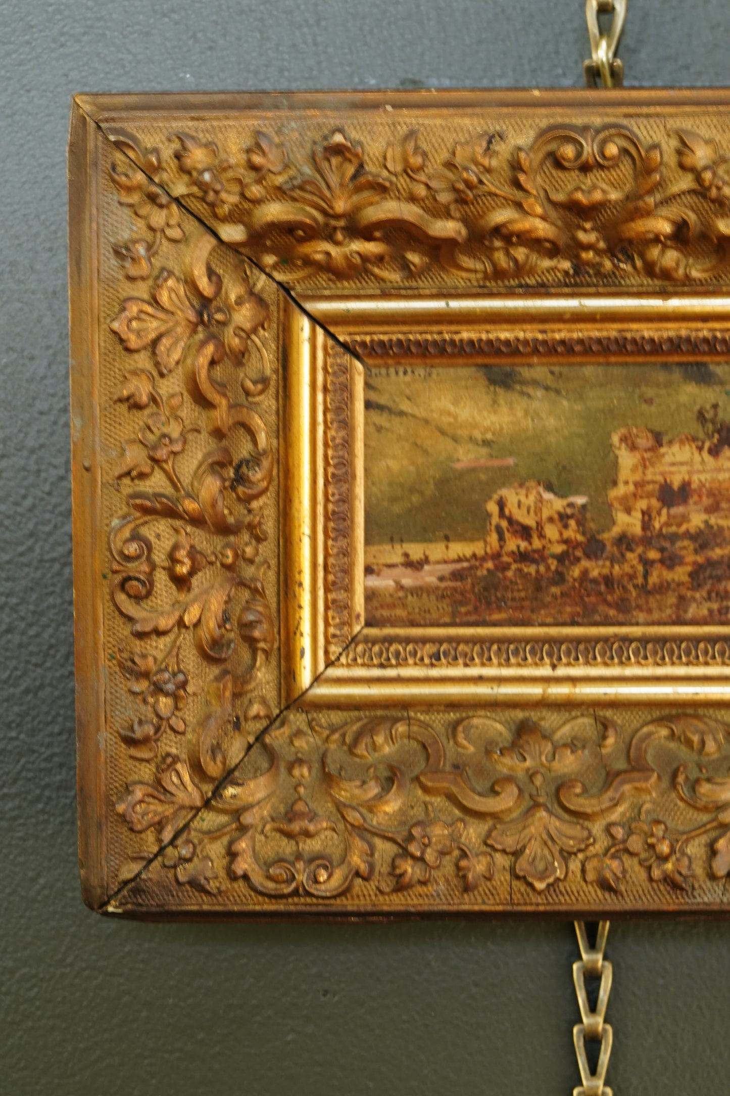 Antique Flemish Oil Panel, Coastal Ruin Landscape with Figures, Signed and Dated 1876