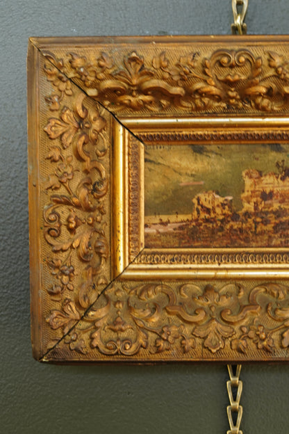 Antique Flemish Oil Panel, Coastal Ruin Landscape with Figures, Signed and Dated 1876