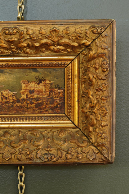 Antique Flemish Oil Panel, Coastal Ruin Landscape with Figures, Signed and Dated 1876