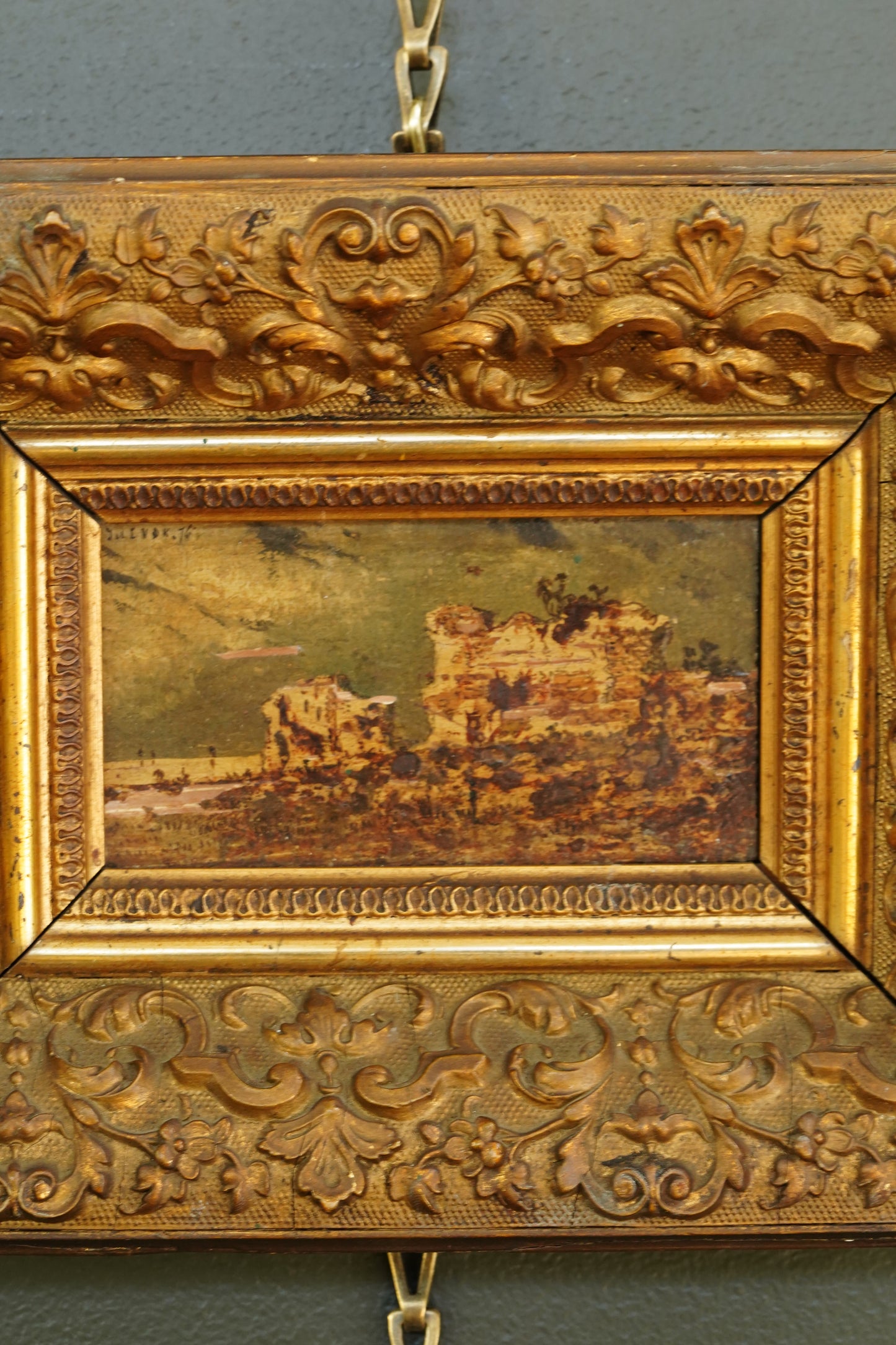 Antique Flemish Oil Panel, Coastal Ruin Landscape with Figures, Signed and Dated 1876