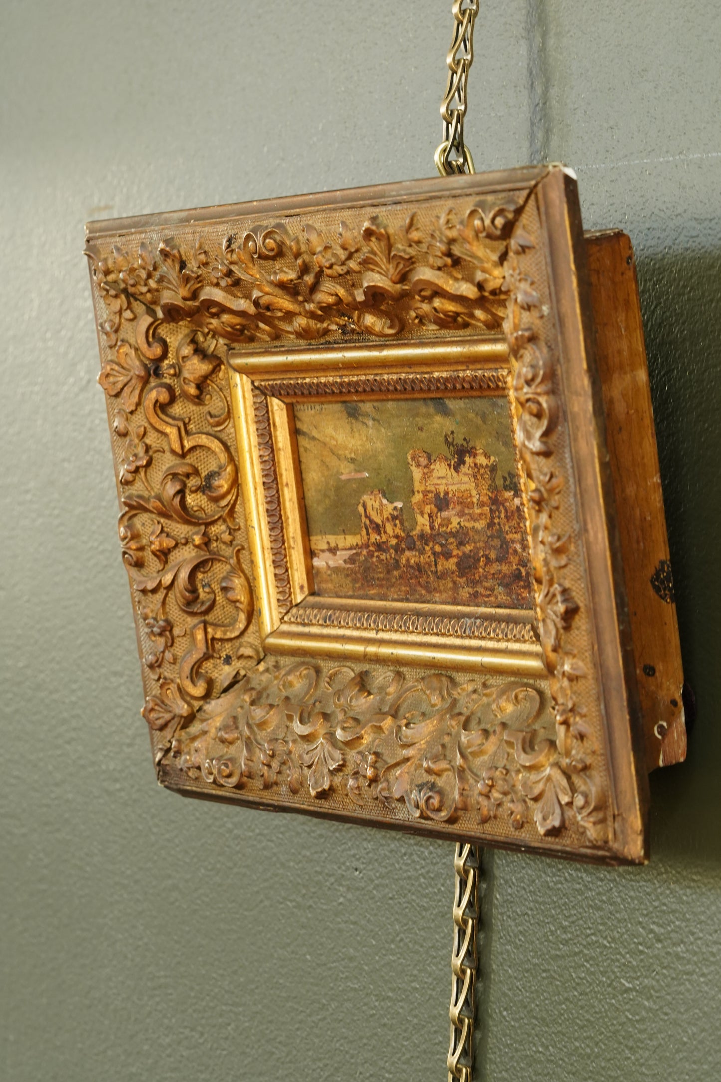 Antique Flemish Oil Panel, Coastal Ruin Landscape with Figures, Signed and Dated 1876