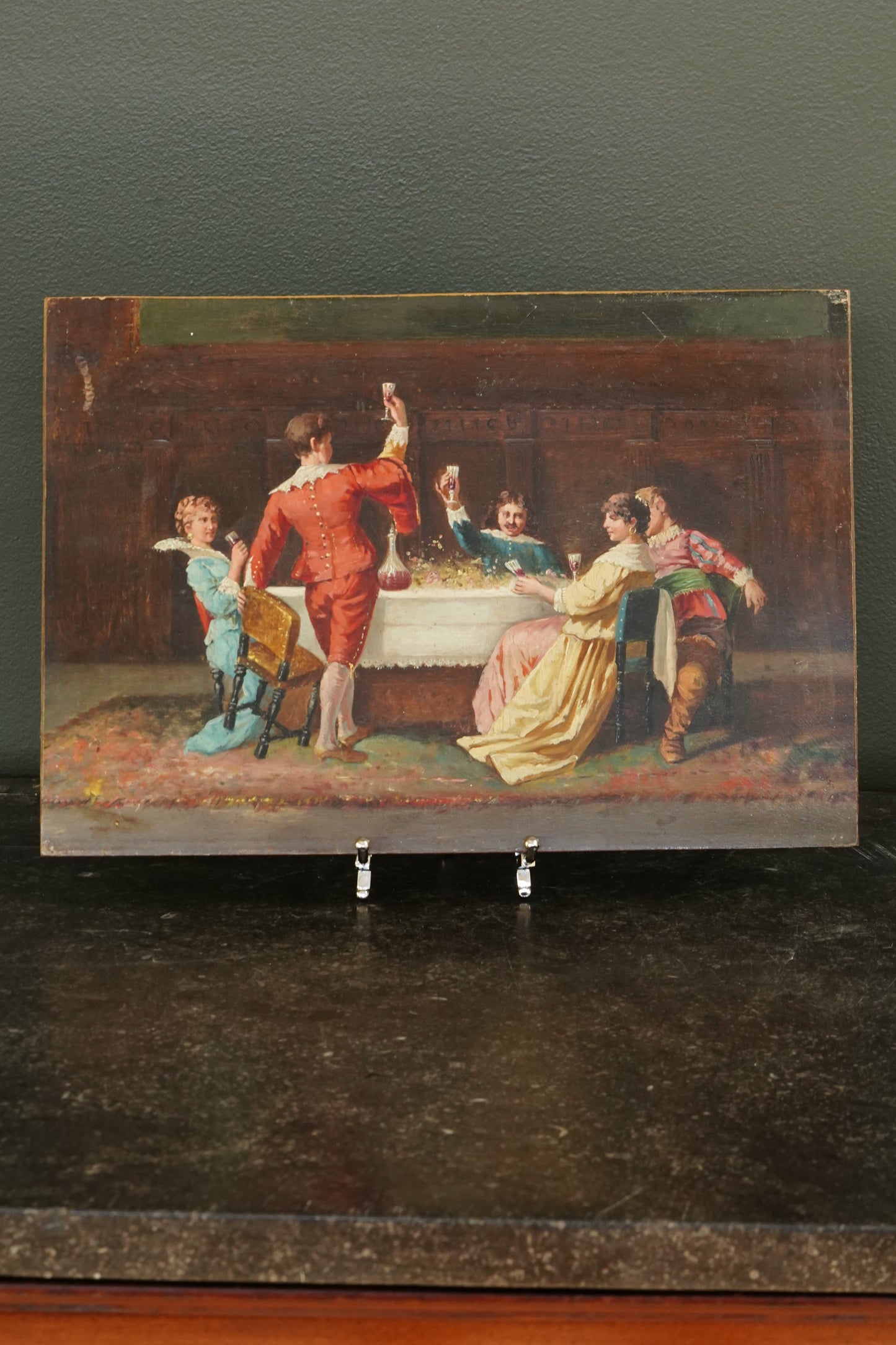 Vintage-style painting of a group of people on a dark surface