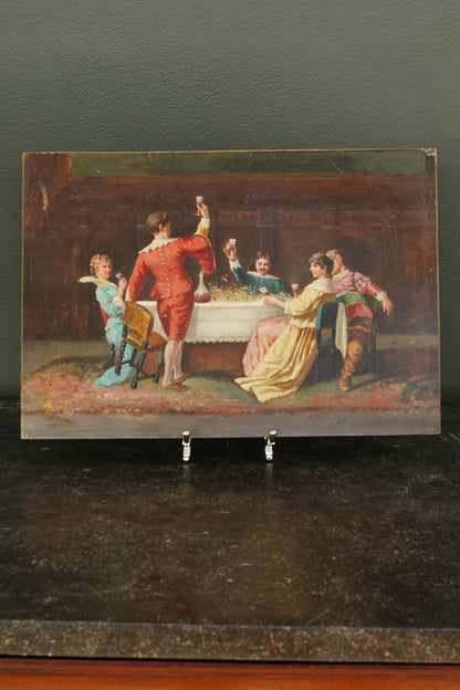 Vintage-style painting of a group of people on a dark surface
