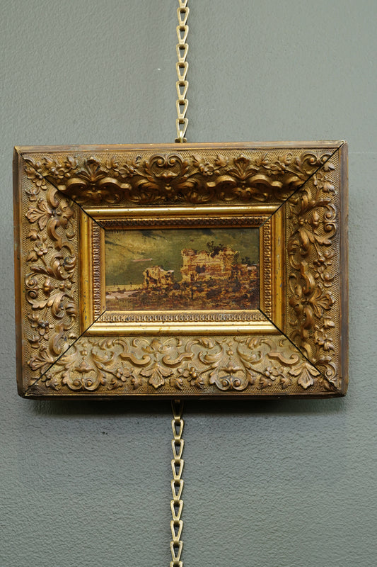 Antique Flemish Oil Panel, Coastal Ruin Landscape with Figures, Signed and Dated 1876