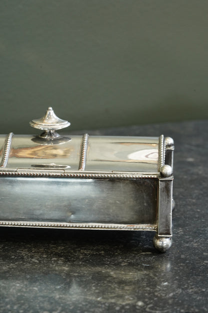 Antique Victorian Silverplate Casket Inkstand with Two Glass Wells