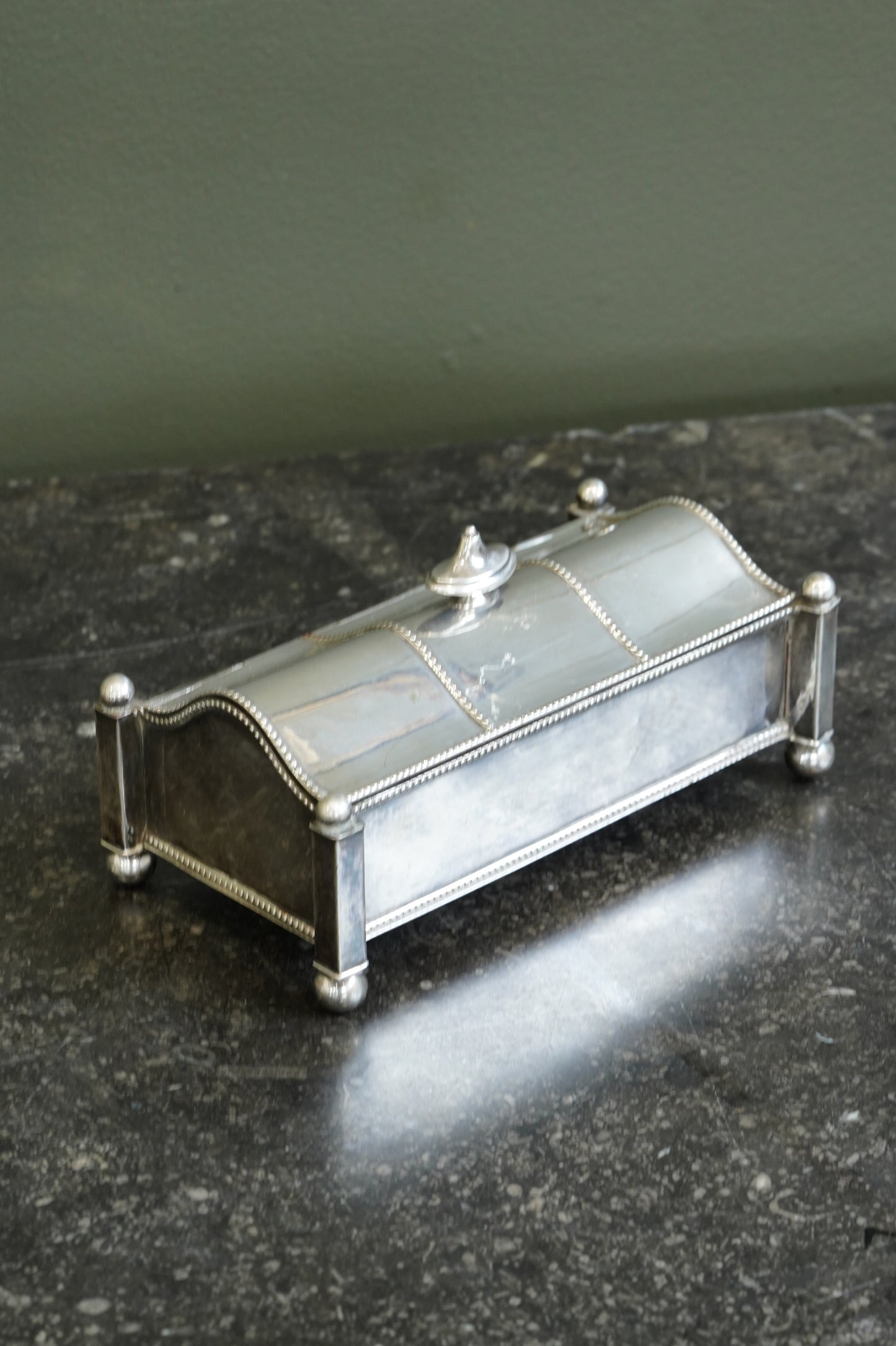 Antique Victorian Silverplate Casket Inkstand with Two Glass Wells