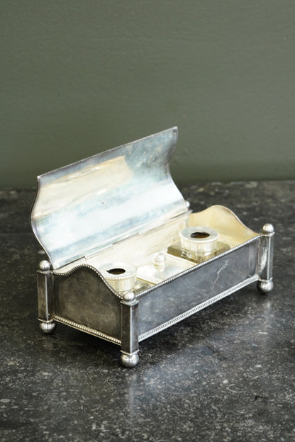 Antique Victorian Silverplate Casket Inkstand with Two Glass Wells