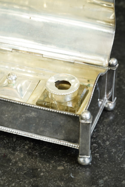 Antique Victorian Silverplate Casket Inkstand with Two Glass Wells