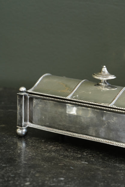 Antique Victorian Silverplate Casket Inkstand with Two Glass Wells