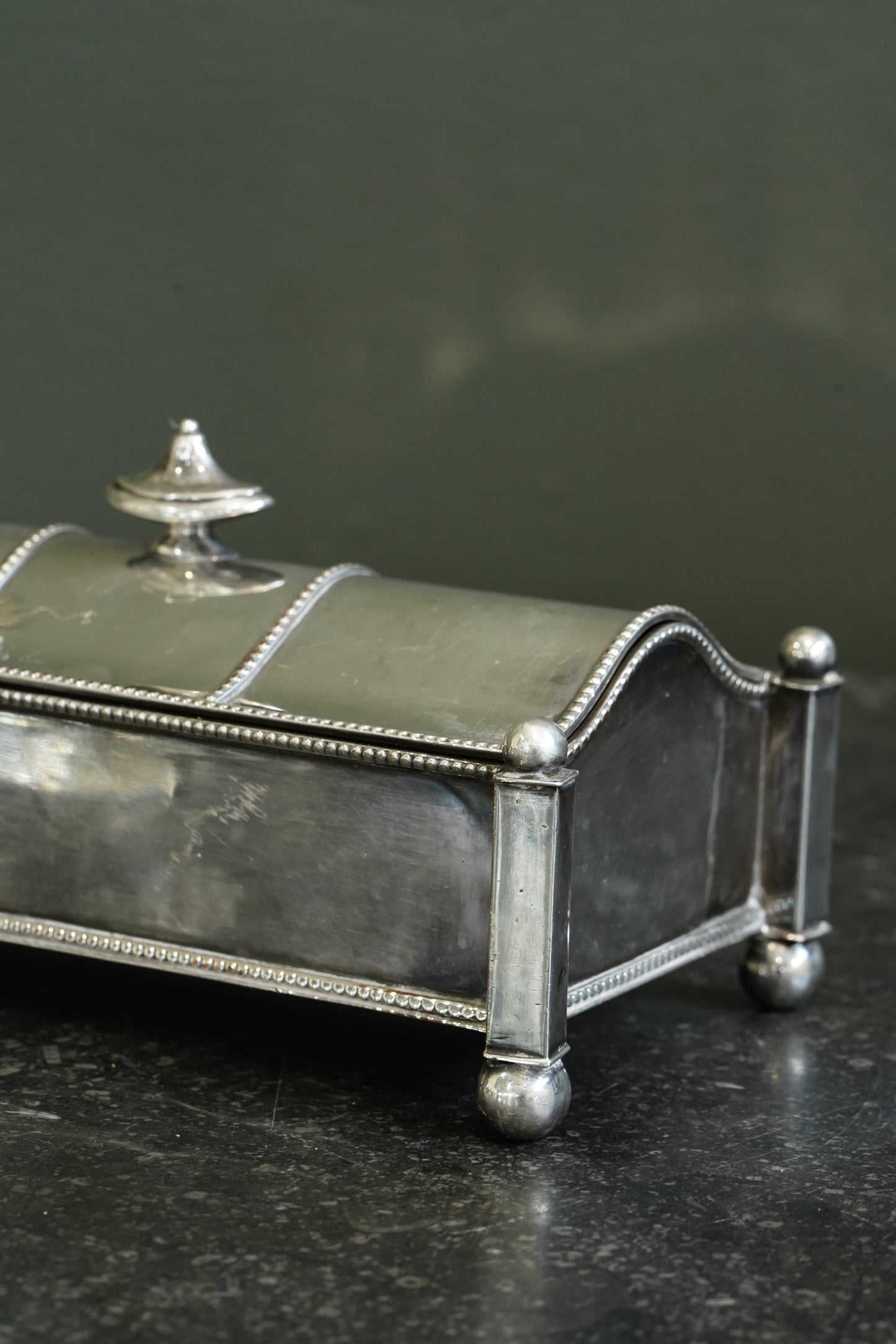 Antique Victorian Silverplate Casket Inkstand with Two Glass Wells