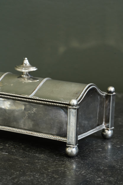 Antique Victorian Silverplate Casket Inkstand with Two Glass Wells