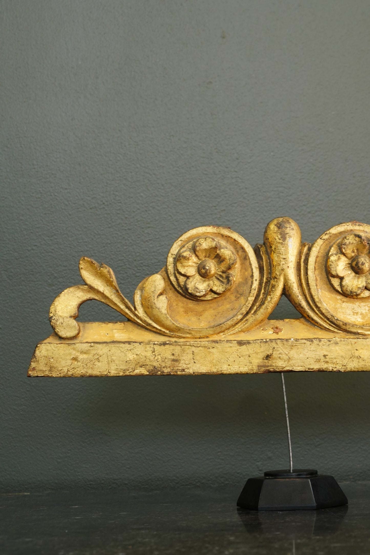 Antique French Gilt Carved Wood Cresting Fragment, Rosette and Volute