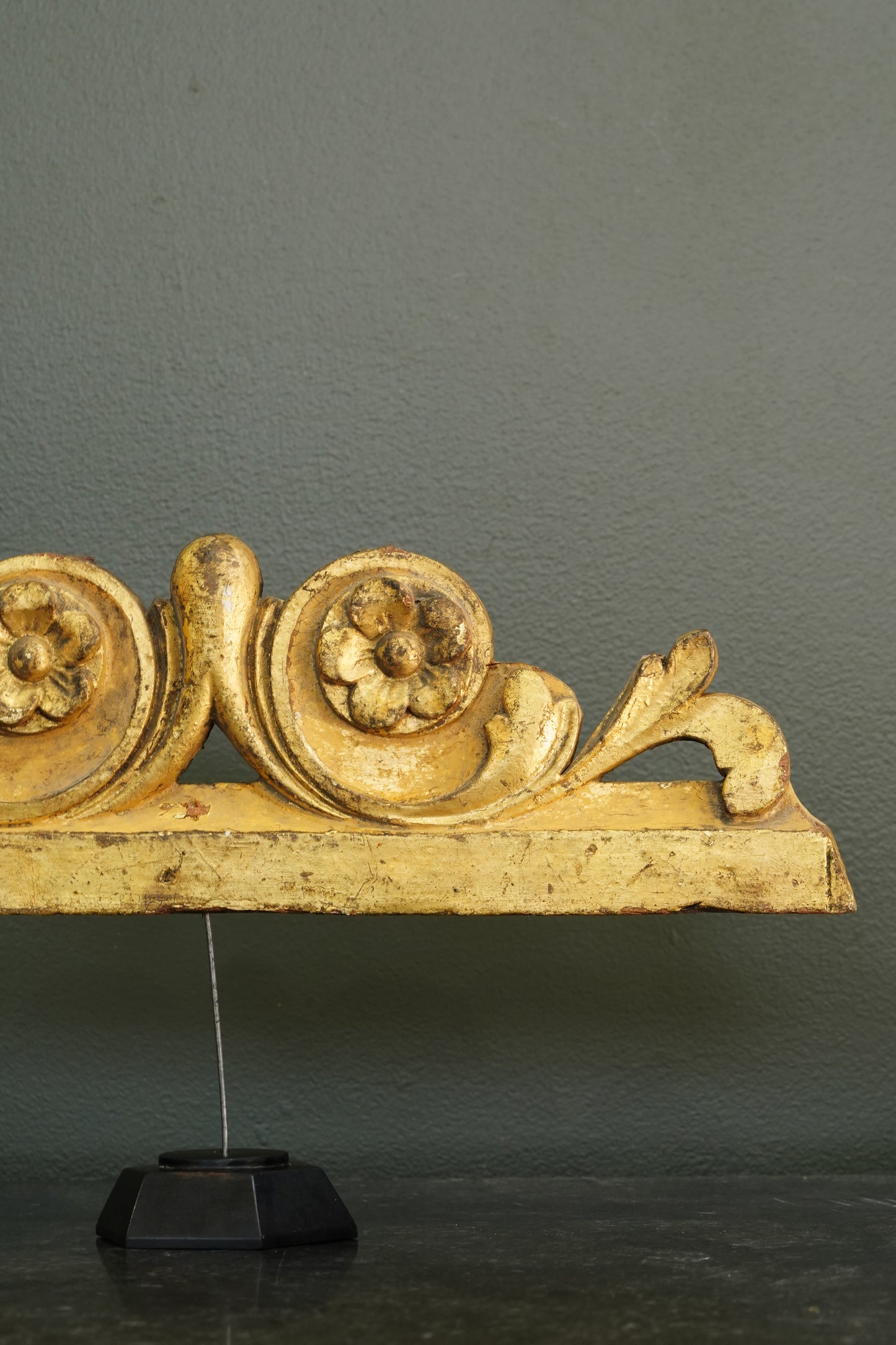Antique French Gilt Carved Wood Cresting Fragment, Rosette and Volute