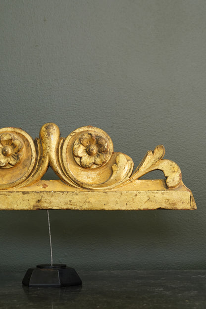 Antique French Gilt Carved Wood Cresting Fragment, Rosette and Volute