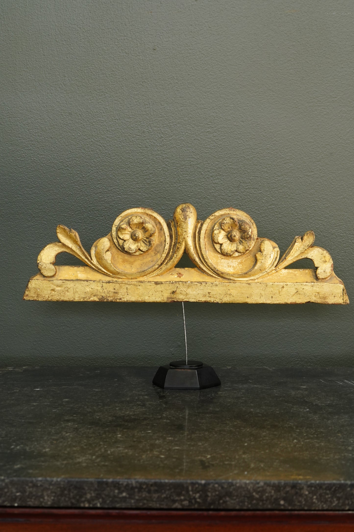 Antique French Gilt Carved Wood Cresting Fragment, Rosette and Volute
