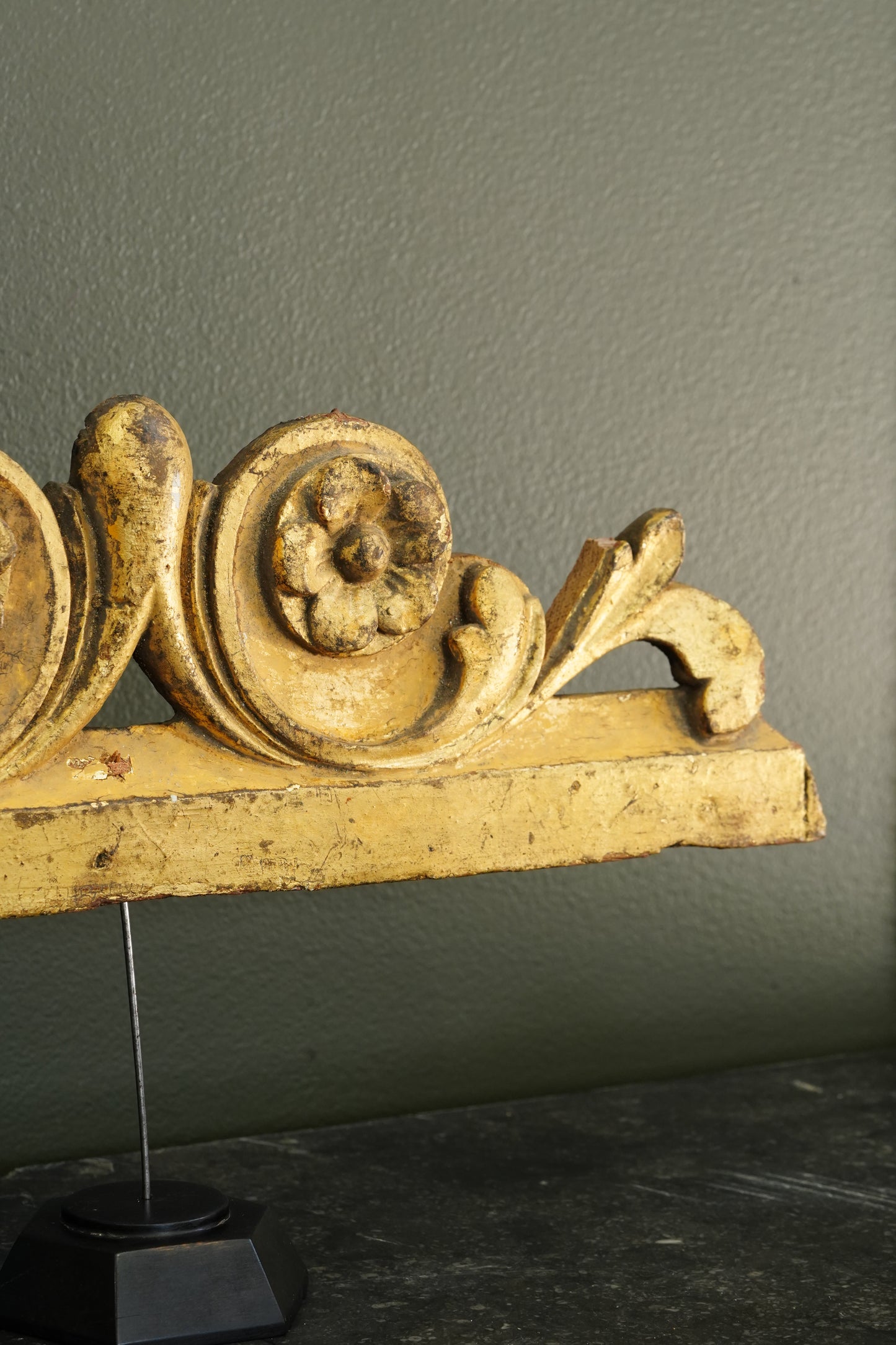 Antique French Gilt Carved Wood Cresting Fragment, Rosette and Volute