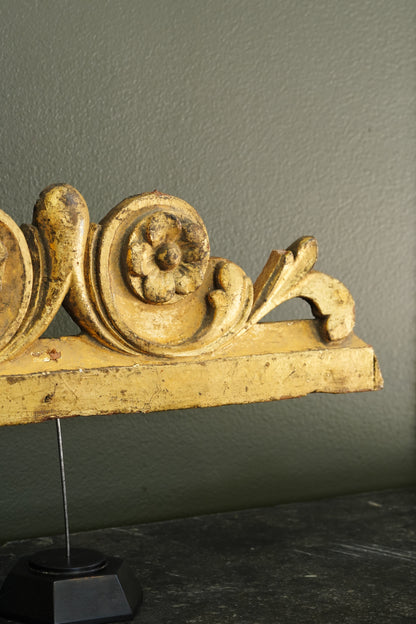 Antique French Gilt Carved Wood Cresting Fragment, Rosette and Volute