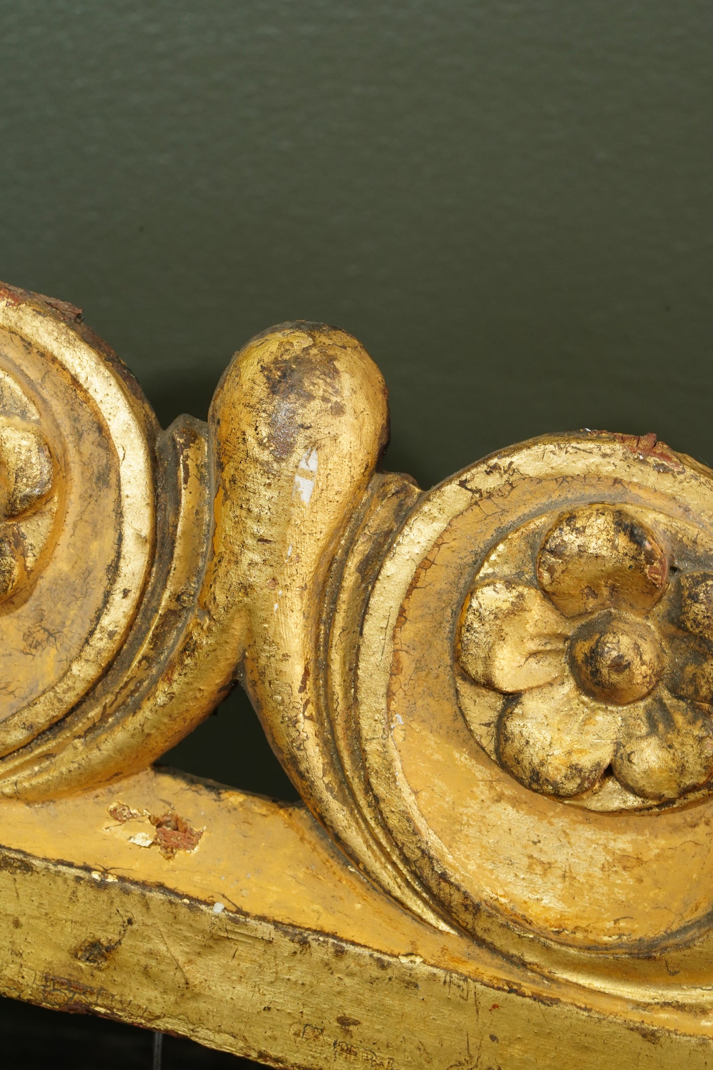 Antique French Gilt Carved Wood Cresting Fragment, Rosette and Volute