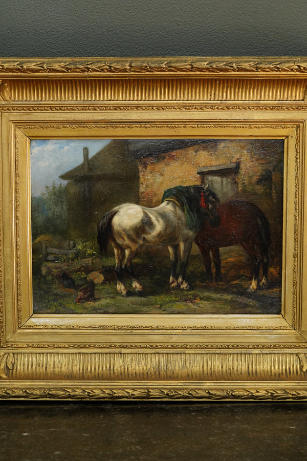 Antique Signed Oil on Board of Two Horses in a Stable Yard secondary view
