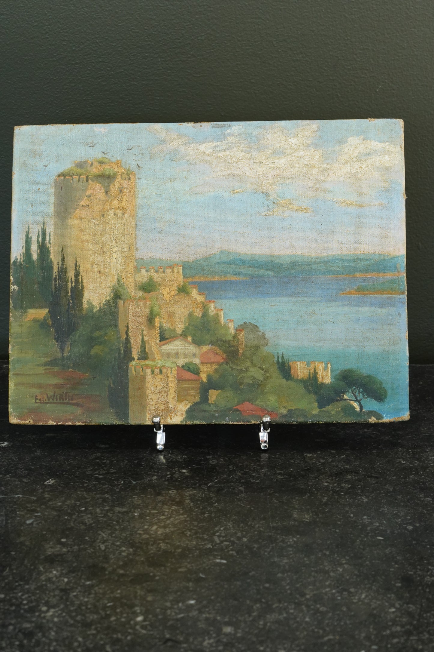 Antique Oil Painting, Rumelihisarı on the Bosphorus, Signed, British Military Provenance, 1933
