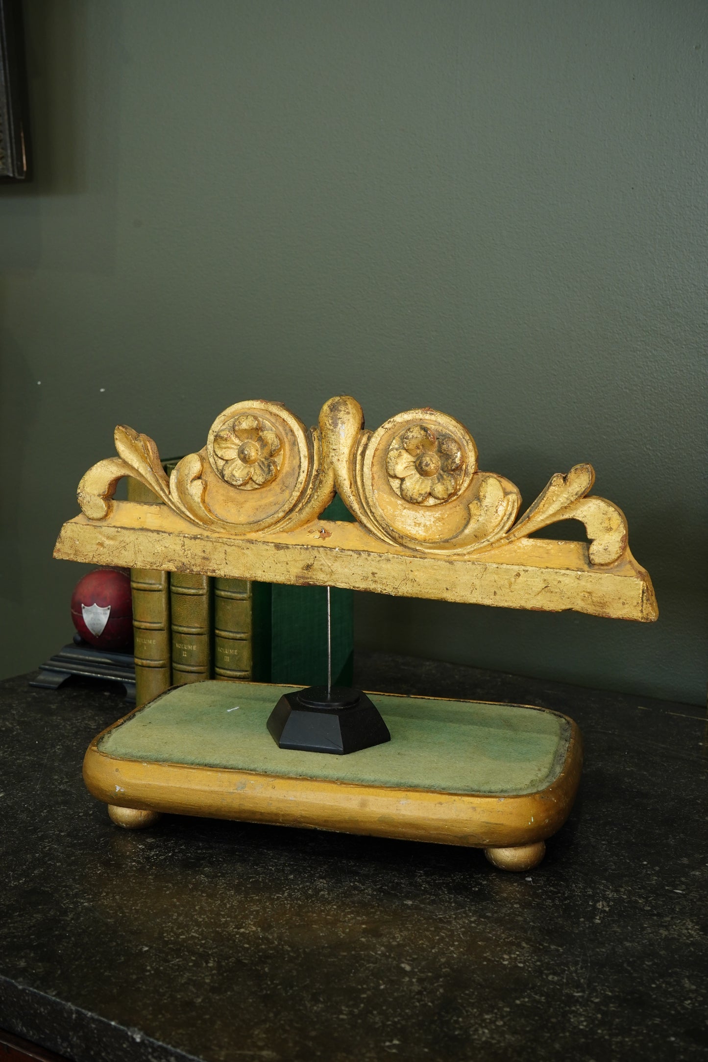 Antique French Gilt Carved Wood Cresting Fragment, Rosette and Volute