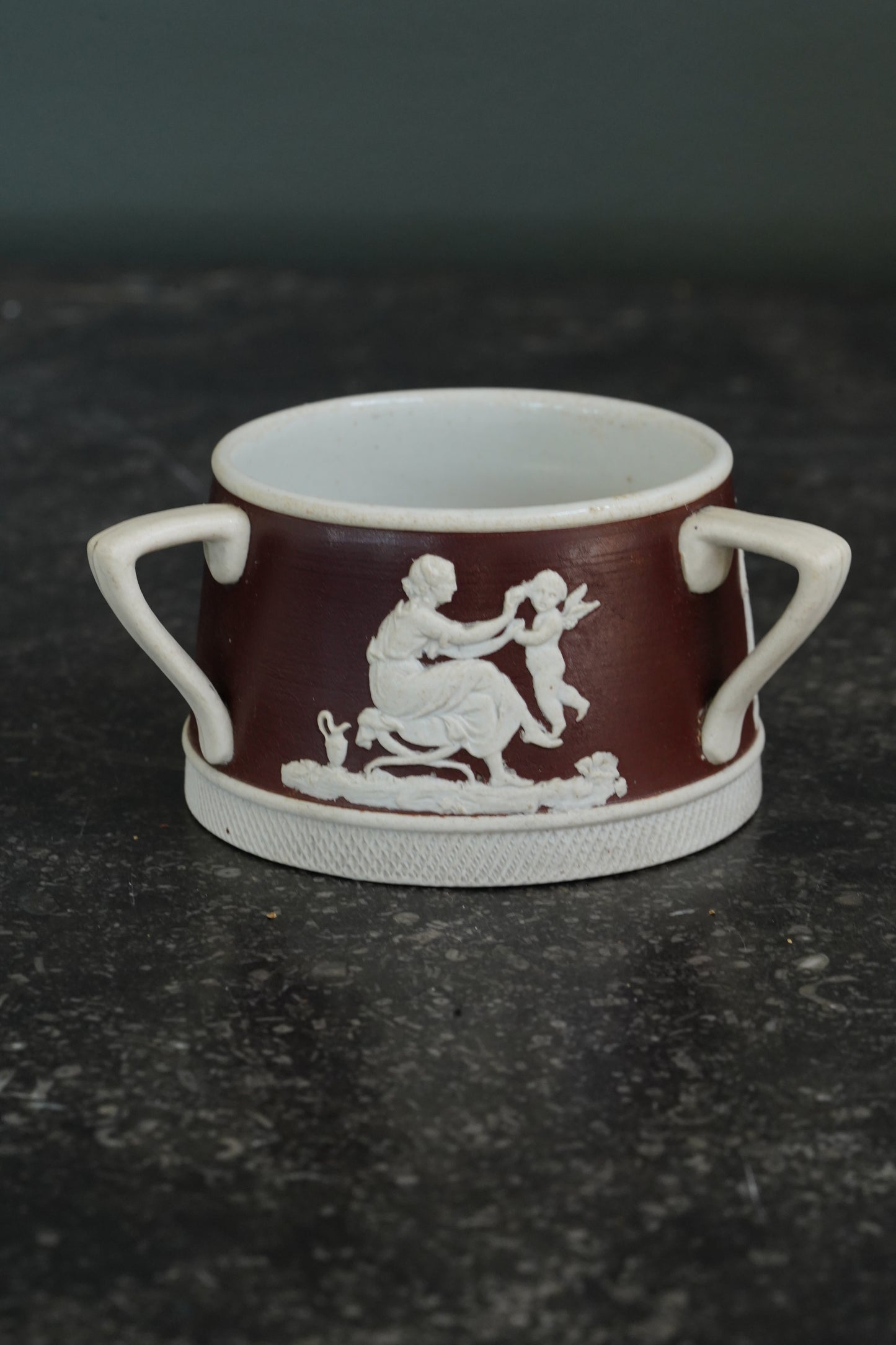 Antique English Jasperware Sucrier, Chocolate Dip, Neoclassical Relief