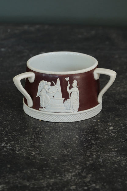 Antique English Jasperware Sucrier, Chocolate Dip, Neoclassical Relief