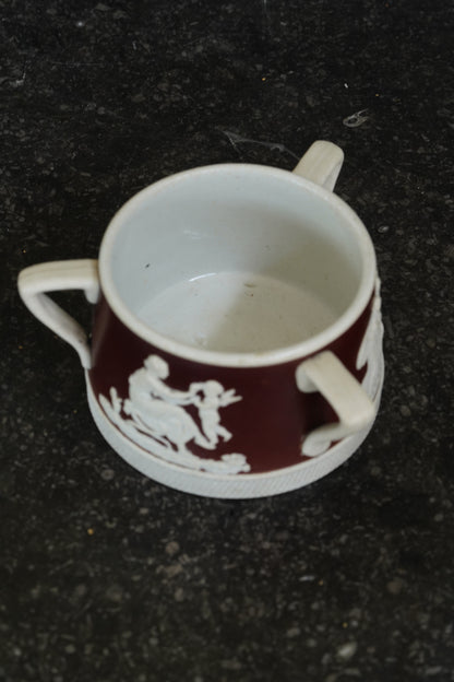 Antique English Jasperware Sucrier, Chocolate Dip, Neoclassical Relief