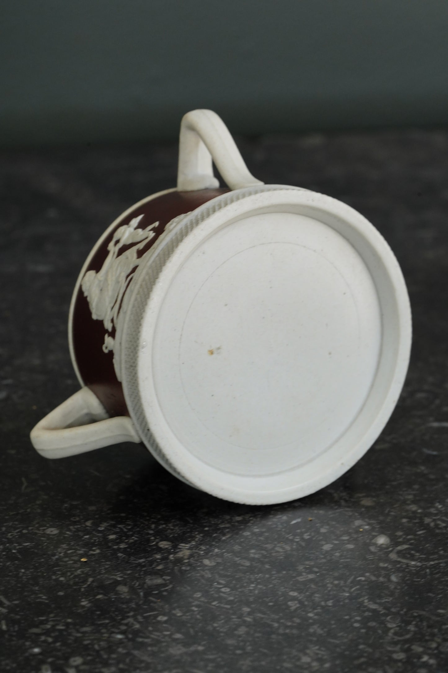 Antique English Jasperware Sucrier, Chocolate Dip, Neoclassical Relief