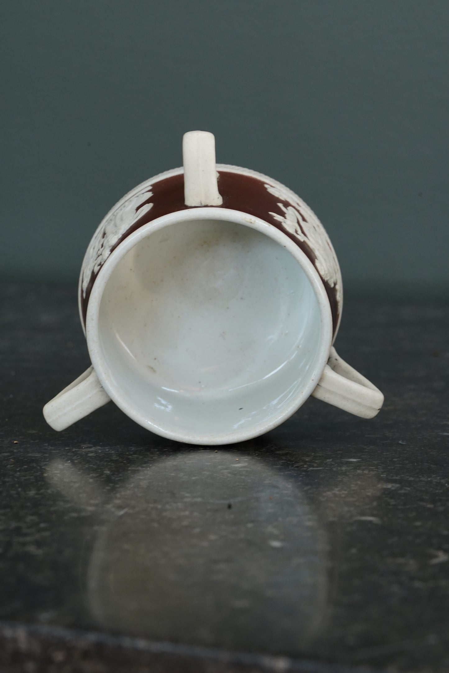 Antique English Jasperware Sucrier, Chocolate Dip, Neoclassical Relief