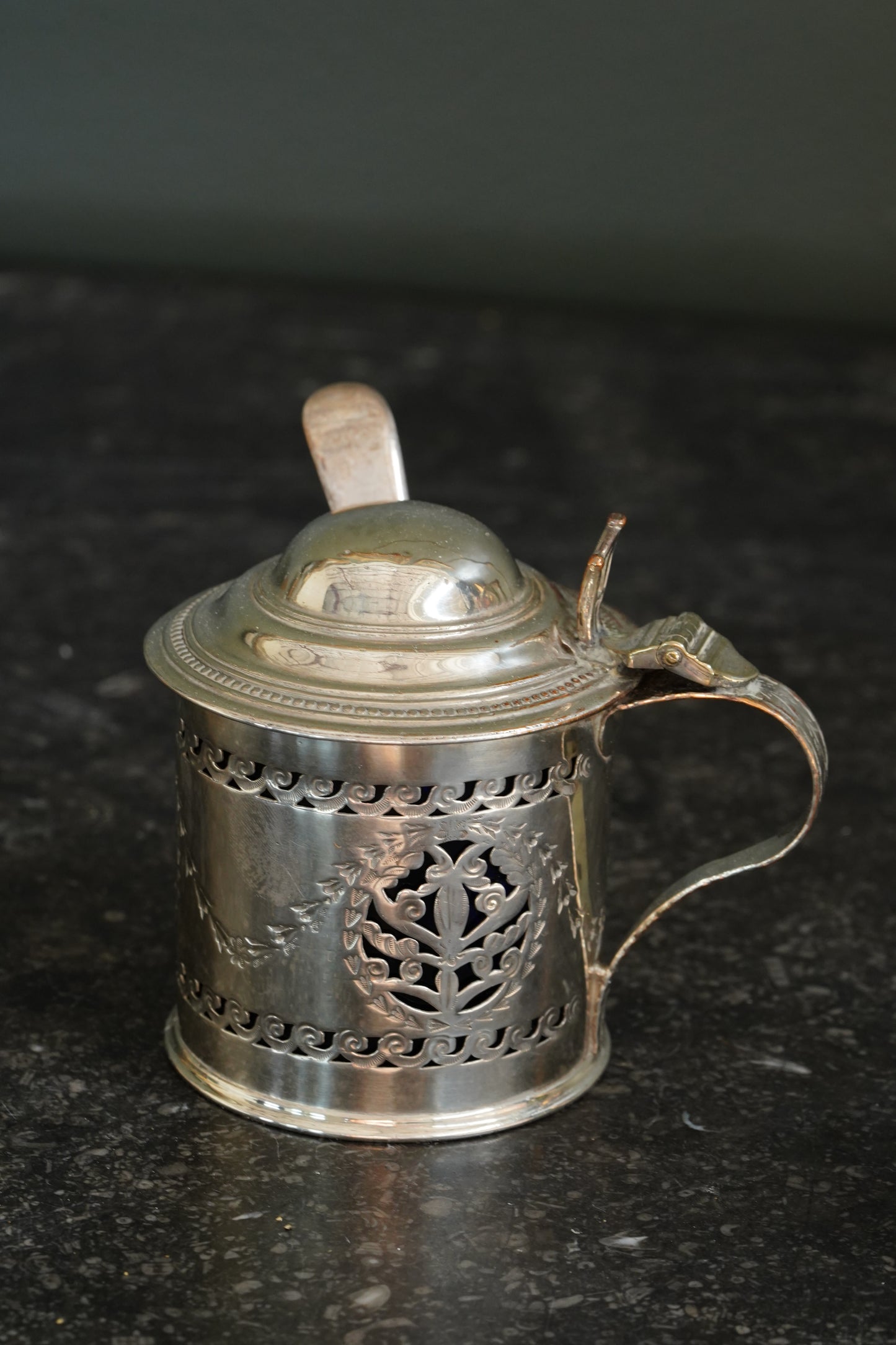 Antique English Silverplate Mustard Pot with Sterling Spoon, N. Smith & Co