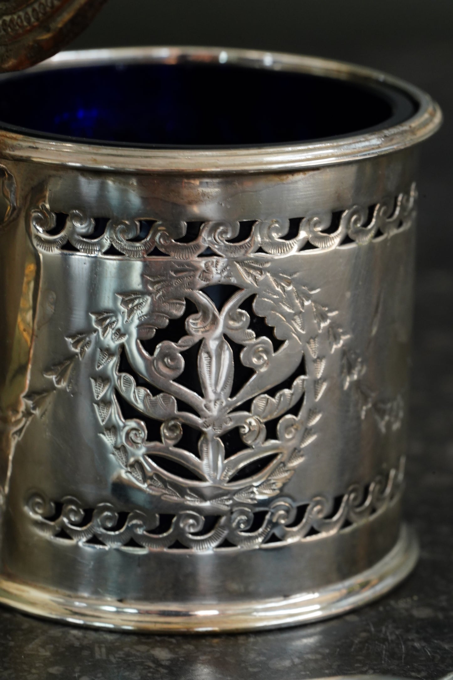 Antique English Silverplate Mustard Pot with Sterling Spoon, N. Smith & Co